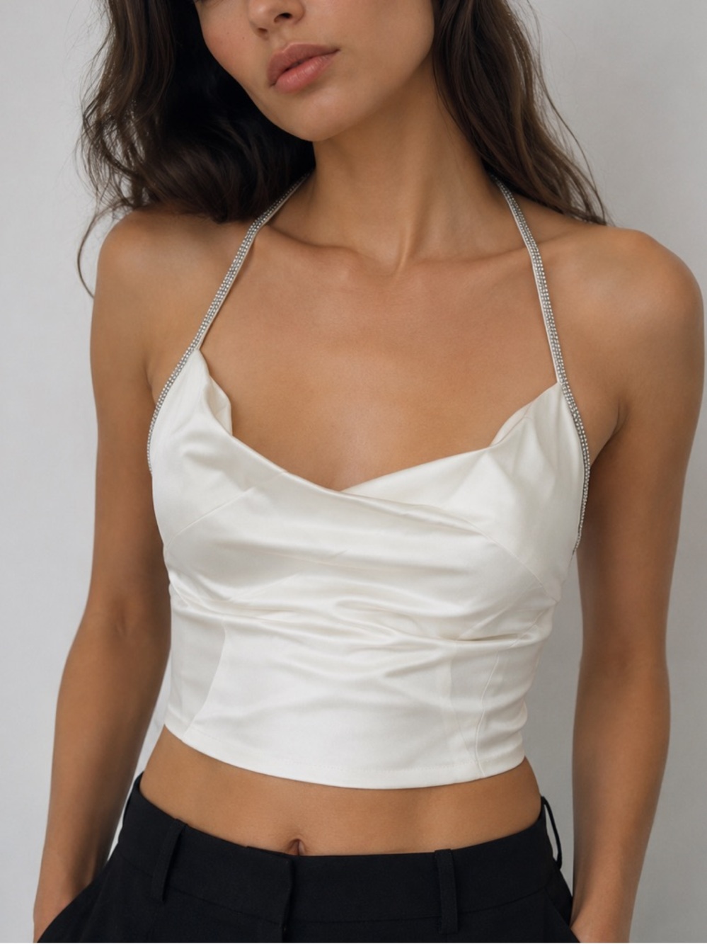 Zara Satin Rhinestone Halter Top White Size S NWT